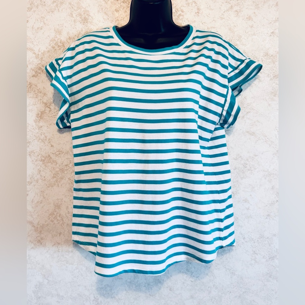Crown & Ivy Ladies Pull Over Top Short Flutter Ruffle Sleeves Aqua Stripe Medium